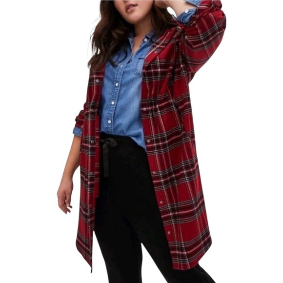 Torrid Red Plaid Flannel Anorak Long Jacket Hoodie Women's Plus Size 3x (22/24) - Picture 1 of 10